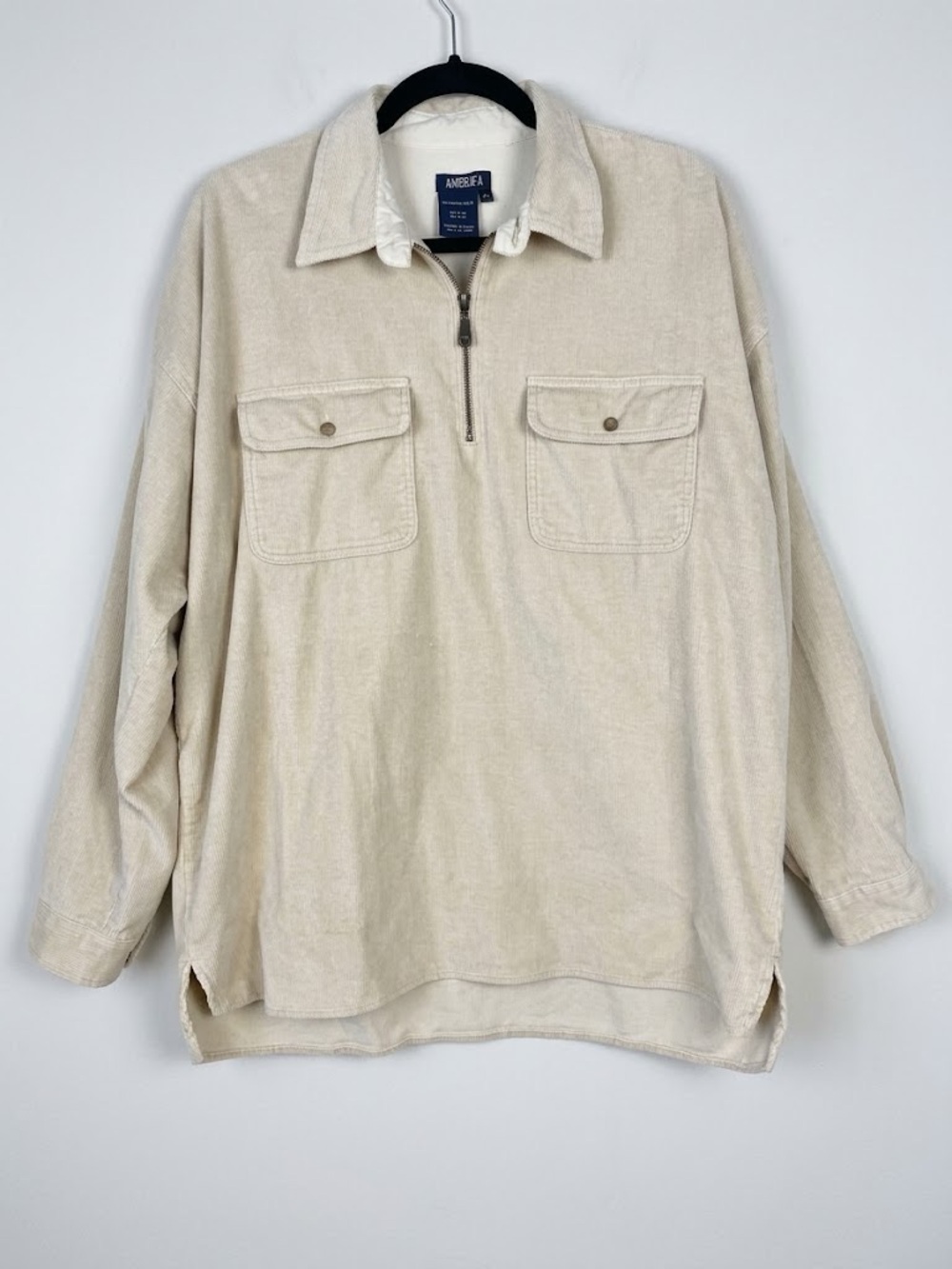 Vintage 90s America Corduroy Quarter Zip Shirt Jacket Cream Beige